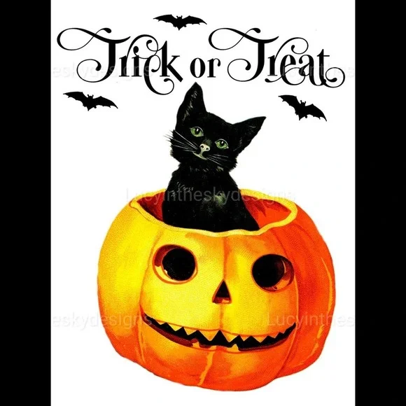 Trick Or Treat Halloween Black Cat Pumpkin Jack o Lantern Art Print - Picture 2 of 5